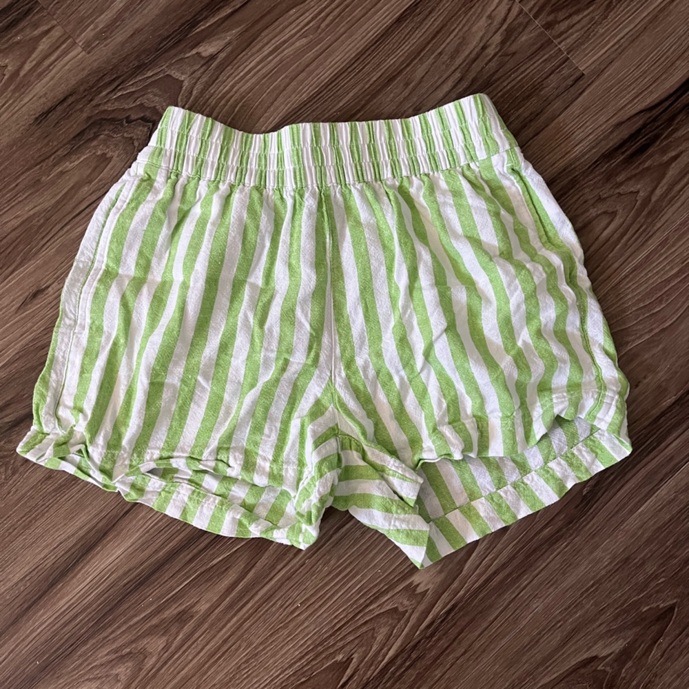 Striped Green & White Elastic Waist Shorts